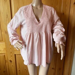 Sundance The Julia Top Smocked Blouse Womens XL Pink Striped Boho Beach